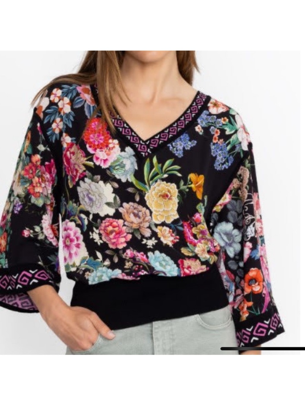 Johnny Was Black Floral V-Neck Blouse with Multicolor Blooms, Size M, NWT
